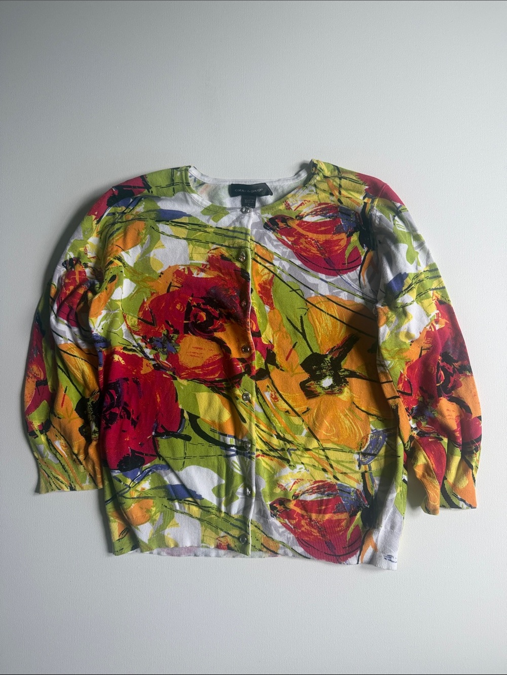 Cable & Gauge Women’s Floral Cardigan in Red, Yellow & Green - L